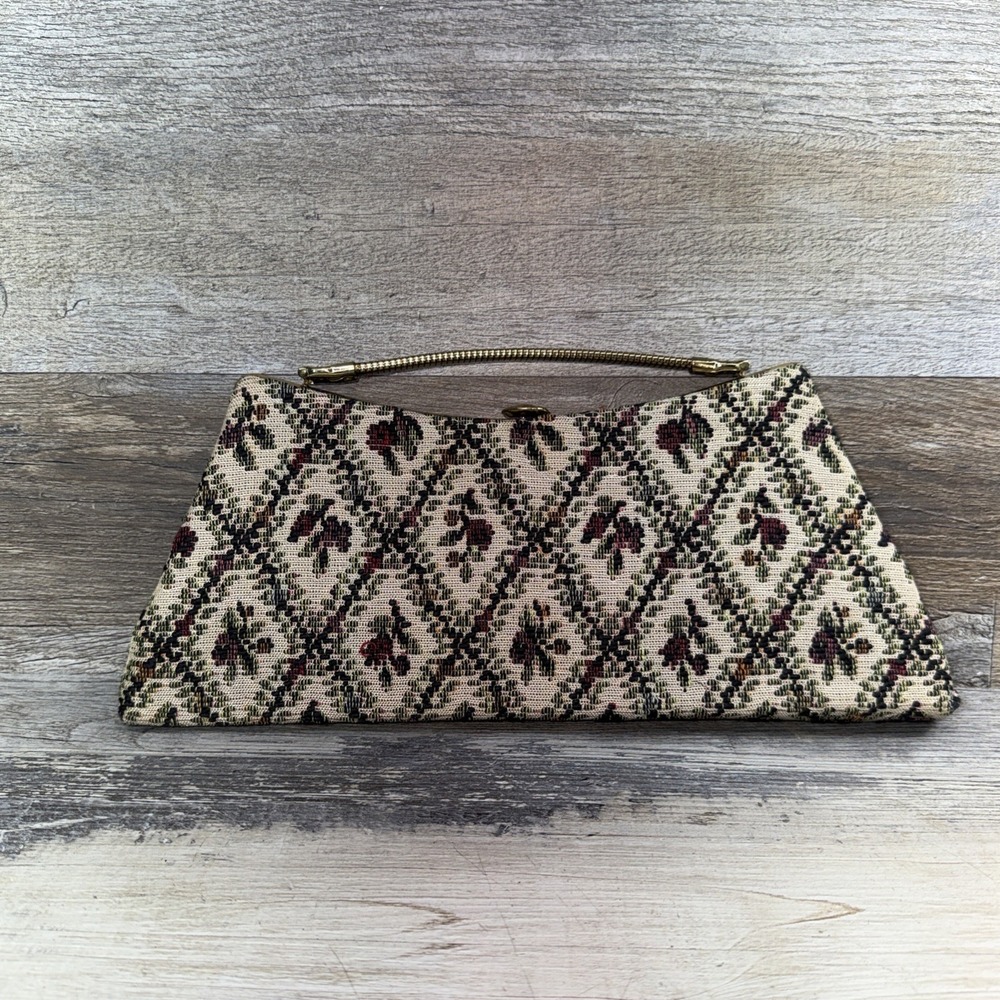 Vintage Petit Point Needlepoint Purse Tapestry Handbag Clutch Bag Floral Gold - Picture 1 of 12